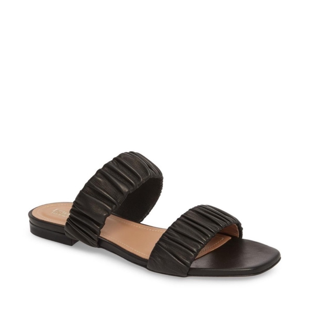 Lewit Elena Black Leather Ruched Two Strap Flap Slide Sandals Size 39 / 8
